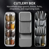 Kitchen Drawer Cutlery Storage Tray – Knife, Spoon & Fork Organizer with Spice Bottle Rack