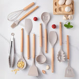 12PCS Silicone Kitchen Utensils Set with Wooden Handles – Heat-Resistant Non-Stick Cooking Tools