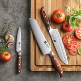 XINZUO 1–3PC Stainless Steel Knife Set – Utility, Santoku & Bunka Knives with Red Sandalwood Handles