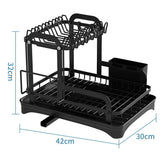 2-Tier Dish Drying Rack – Black Countertop Drainer with Auto-Drain Board
