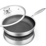LMETJMA Honeycomb Stainless Steel Frying Pan 28cm with Glass Lid – Nonstick for Gas & Induction
