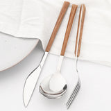 Stainless Steel Cutlery Set with Imitation Wooden Handle – Knife, Fork & Tea Spoon (16/24/30pcs)
