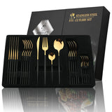 Black Handle Golden Cutlery Set – 24Pcs Stainless Steel Knife, Fork & Spoon Dinnerware
