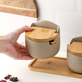 Japanese Style Ceramic Seasoning Jar with Bamboo Lid & Spoon