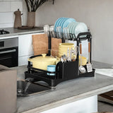 2-Tier Dish Drying Rack – Black Countertop Drainer with Auto-Drain Board
