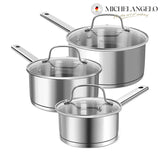 MICHELANGELO Saucepan Set – Nonstick Stainless Steel Pots with Lids, Tri-Ply Bottom, Induction Safe