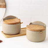 Japanese Style Ceramic Seasoning Jar with Bamboo Lid & Spoon