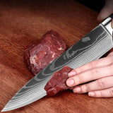 3PCS Professional Kitchen Knife Set Laser Damascus Santoku, Utility & Meat Cleaver