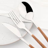 Stainless Steel Cutlery Set with Imitation Wooden Handle – Knife, Fork & Tea Spoon (16/24/30pcs)