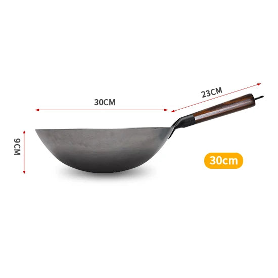 Konco Hand-Forged Pure Iron Wok – No-Coating Non-Stick Pan with Wooden Handle (30/32cm)