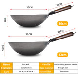 Konco Hand-Forged Pure Iron Wok – No-Coating Non-Stick Pan with Wooden Handle (30/32cm)