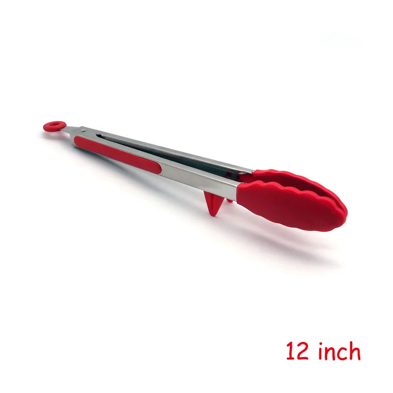 LMETJMA Stainless Steel Cooking Tongs – Heat Resistant BBQ Tongs with Silicone Tips & Stand