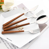 Stainless Steel Cutlery Set with Imitation Wooden Handle – Knife, Fork & Tea Spoon (16/24/30pcs)