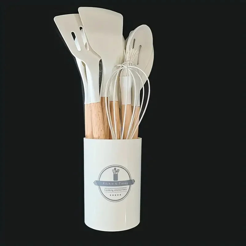 12PCS Silicone Kitchen Utensils Set with Wooden Handles – Heat-Resistant Non-Stick Cooking Tools