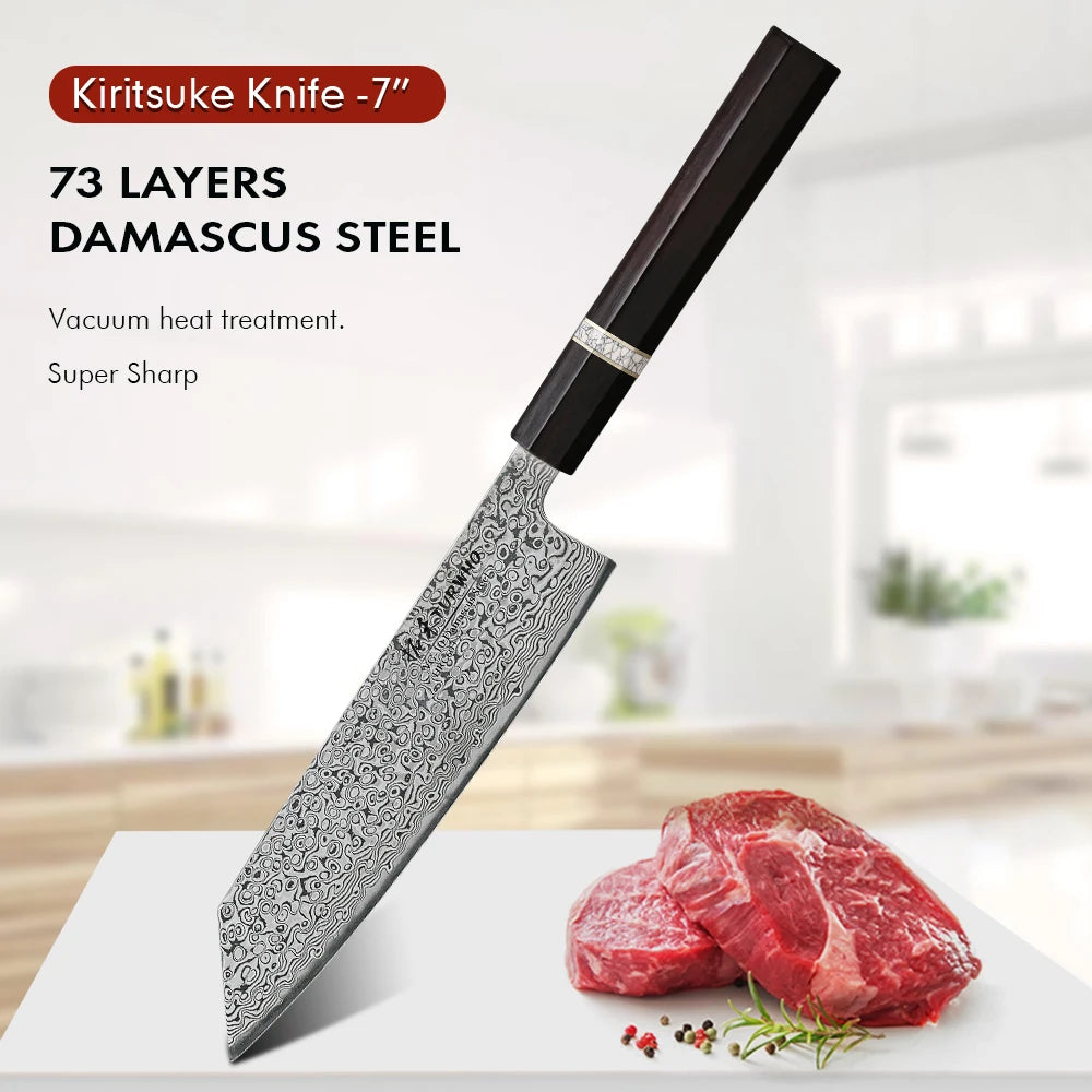 TURWHO 7" Japanese Kiritsuke Chef Knife – Hand-Forged Damascus Steel Professional Sashimi Knife