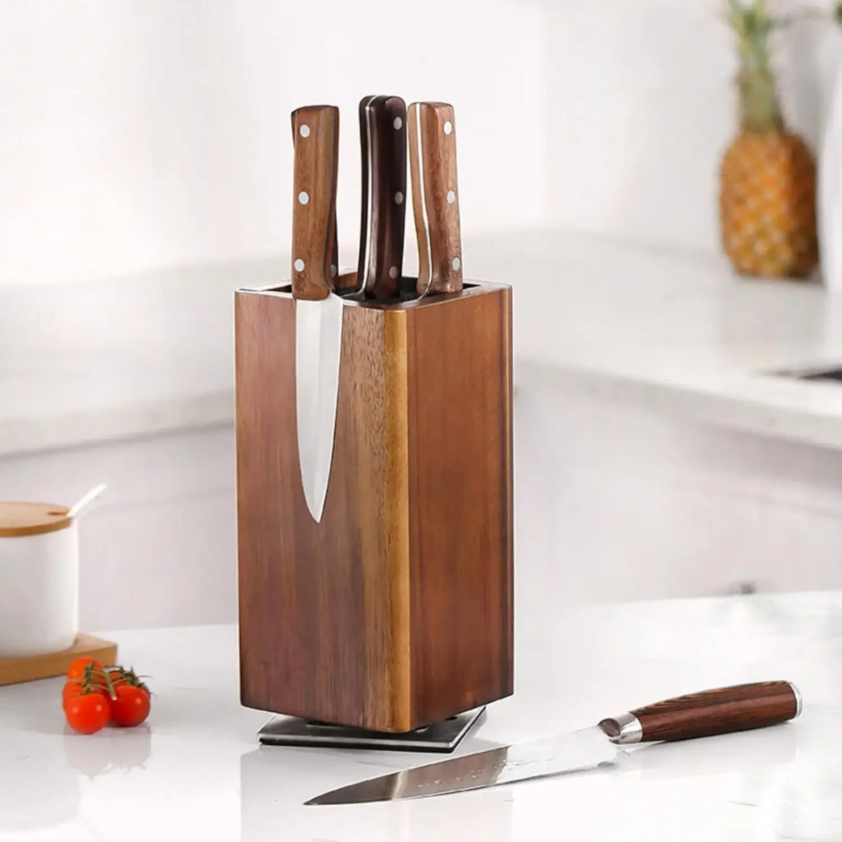 Universal Magnetic Knife Block – 360° Rotatable Wooden Knife Holder for Kitchen