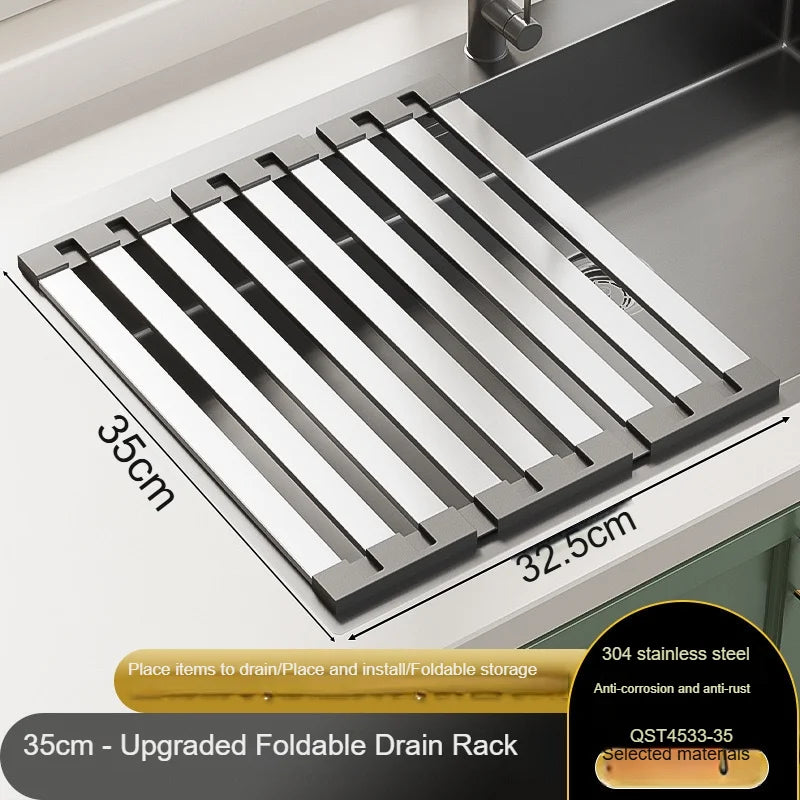 304 Stainless Steel Foldable Kitchen Sink Drain Rack – Telescopic Dish Drying Basket