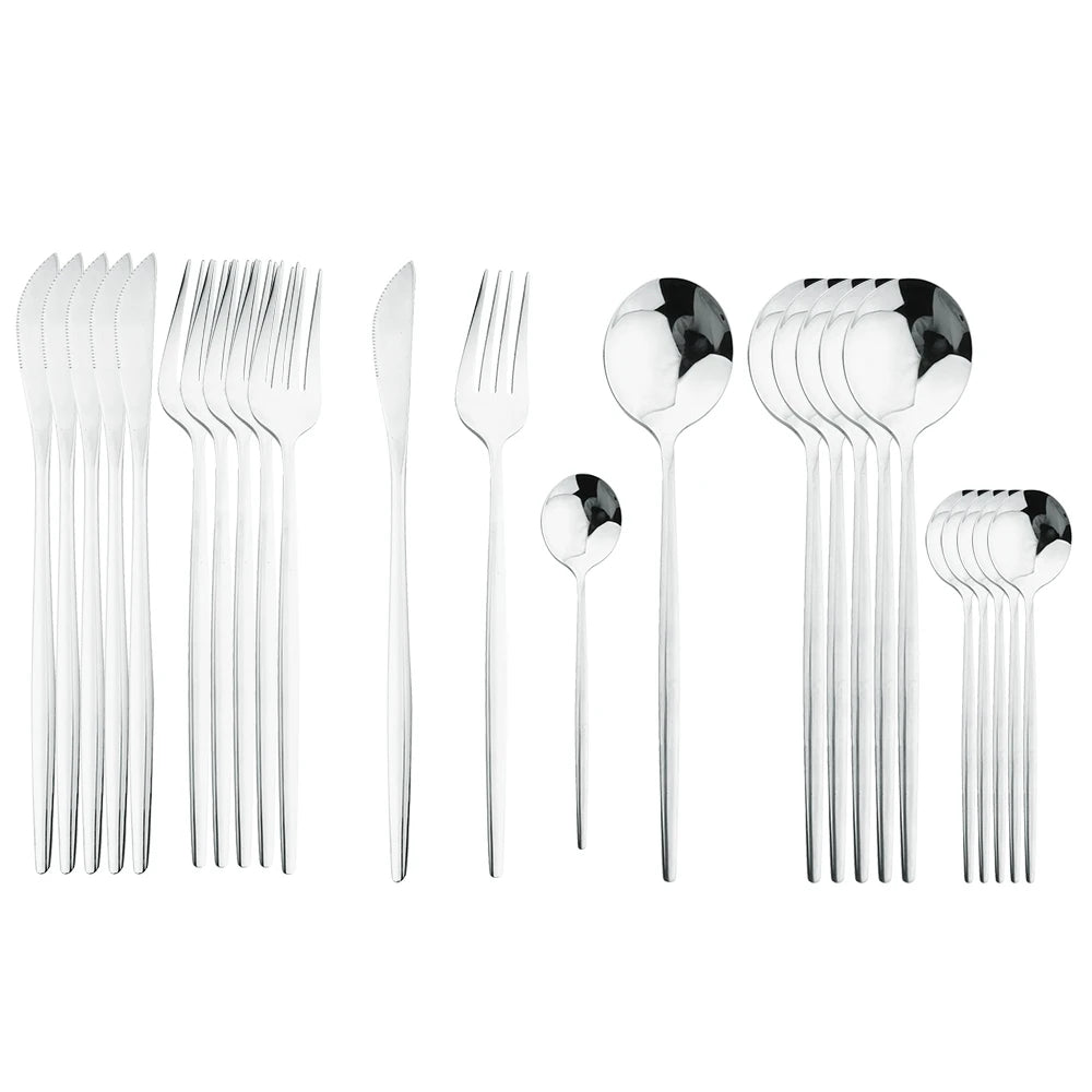 Black Handle Golden Cutlery Set – 24Pcs Stainless Steel Knife, Fork & Spoon Dinnerware