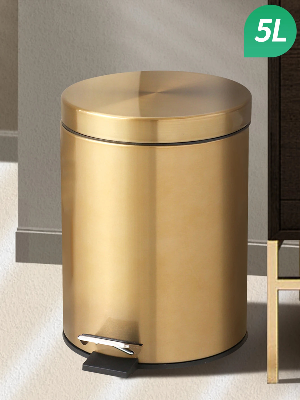 Modern 5L Stainless Steel Champagne Dust Bin – Silent Foot Pedal Trash Can for Bathroom & Kitchen
