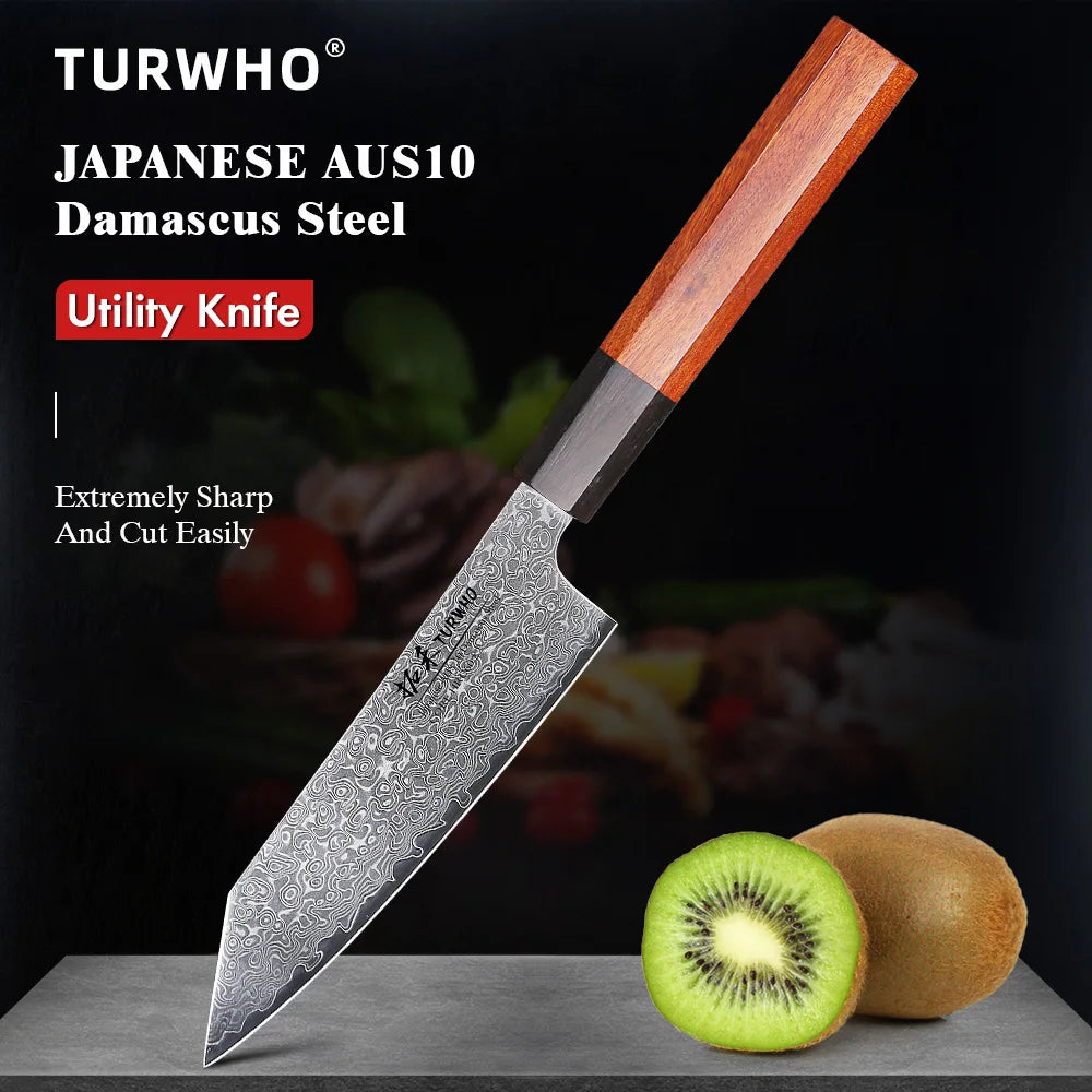TURWHO 5" Japanese Utility Knife – Hand-Forged AUS-10 Damascus Steel Chef Knife