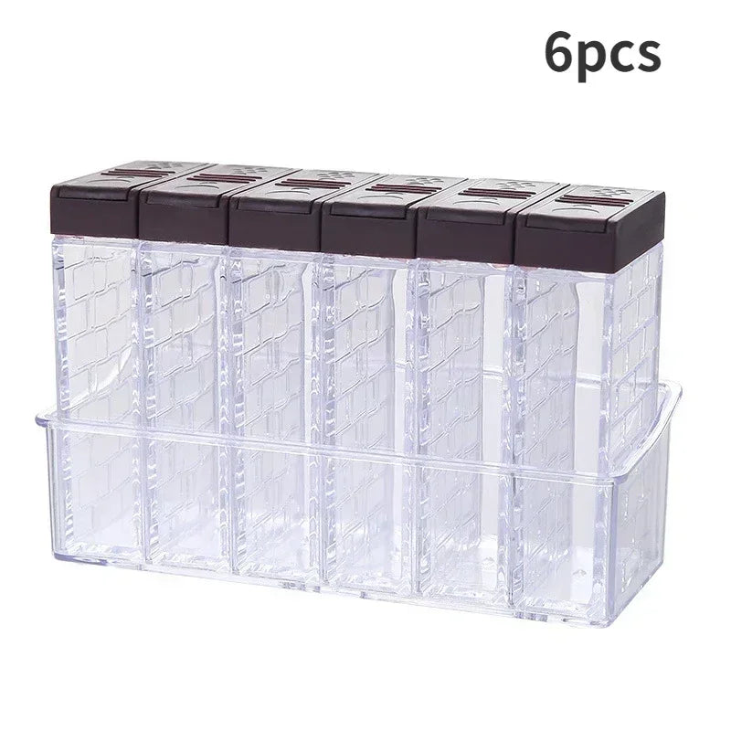 Transparent Spice Jar Set – 6 Jars with Rack, Colorful Lid Kitchen Condiment Storage