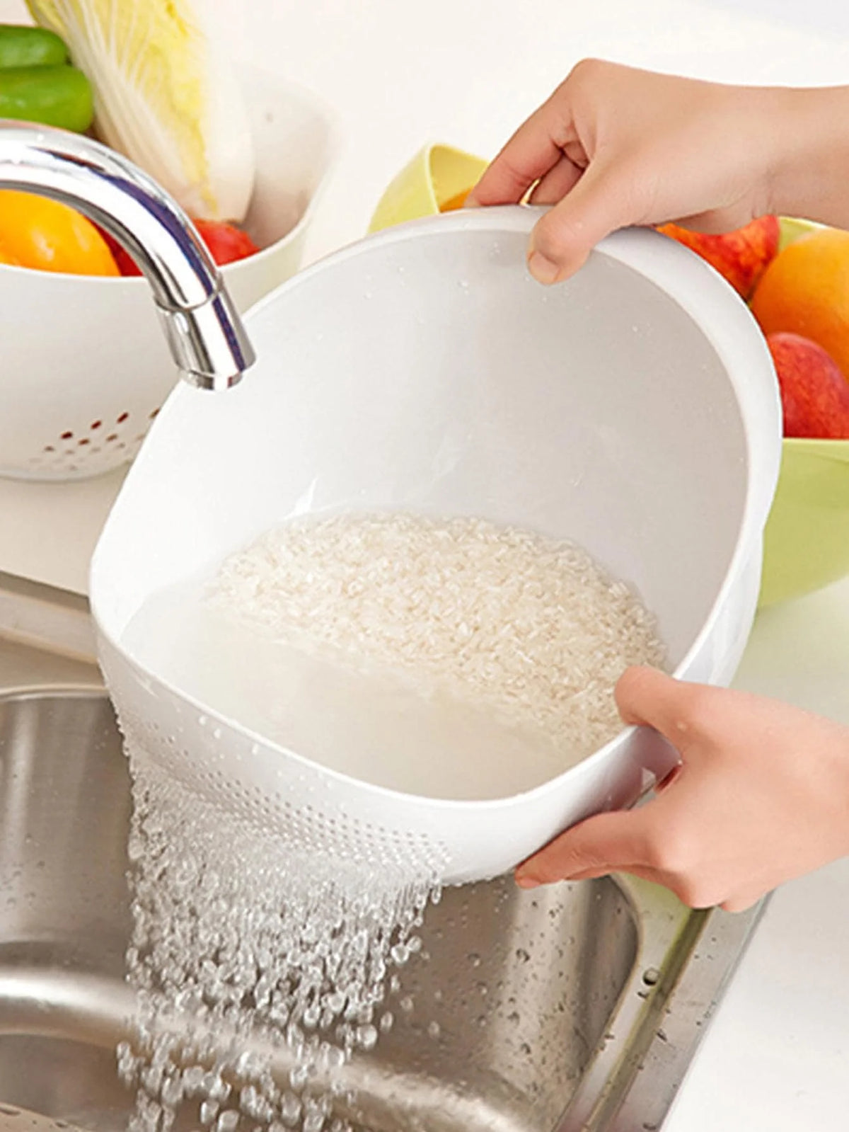 Colander Rice Bowl Drain Basket with Handle – Fruit & Vegetable Washing Organizer