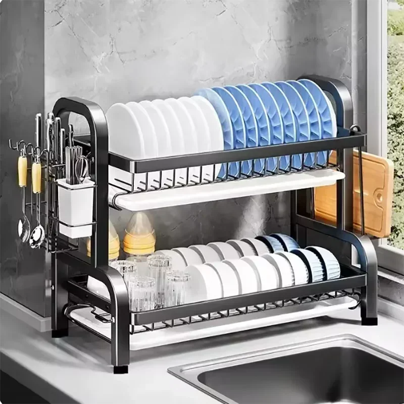 2025 New 2-Tier Stainless Steel Dish Drainer – Countertop Organizer with Utensil Holder