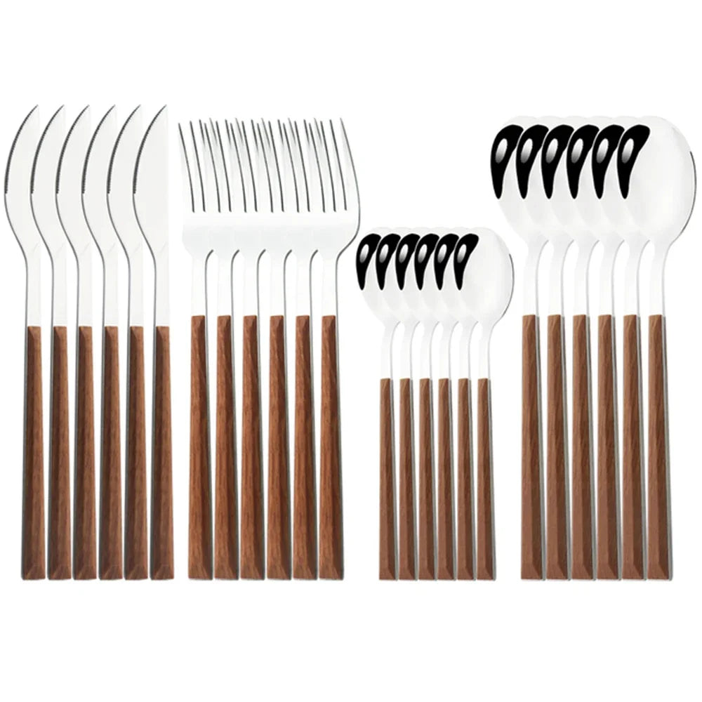 Stainless Steel Cutlery Set with Imitation Wooden Handle – Knife, Fork & Tea Spoon (16/24/30pcs)