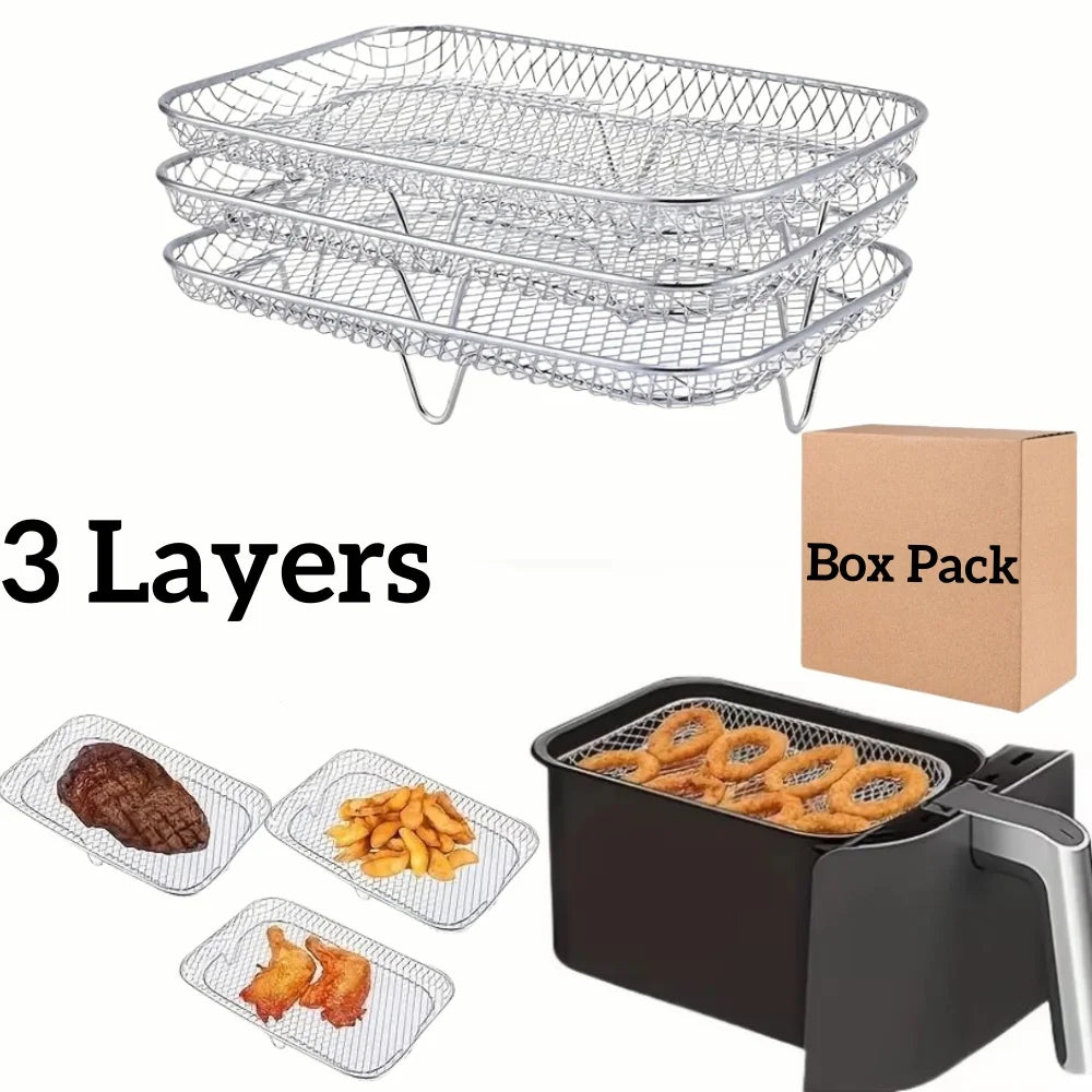 1/3-Layer Stainless Steel Air Fryer Accessories – Stackable BBQ Grill Rack & Multipurpose Frying Basket