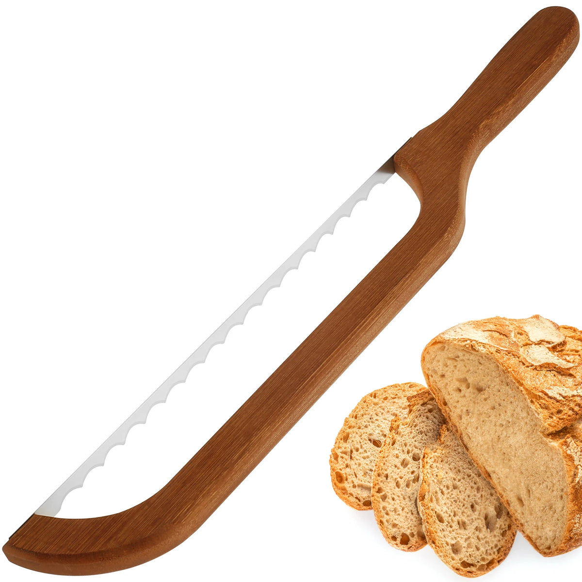 Wooden Bow Bread Cutter – Serrated Sourdough & Bagel Knife with Detachable Blade