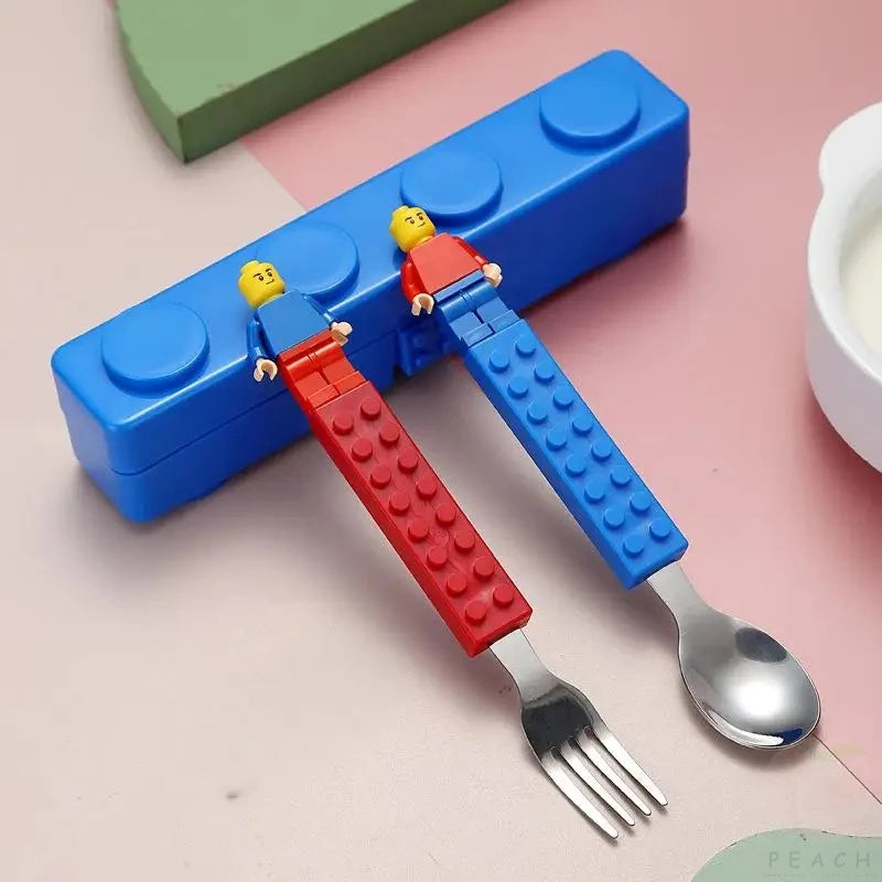 Creative Building Blocks Kids Cutlery Set – Portable Stainless Steel Fork & Spoon with Storage Box
