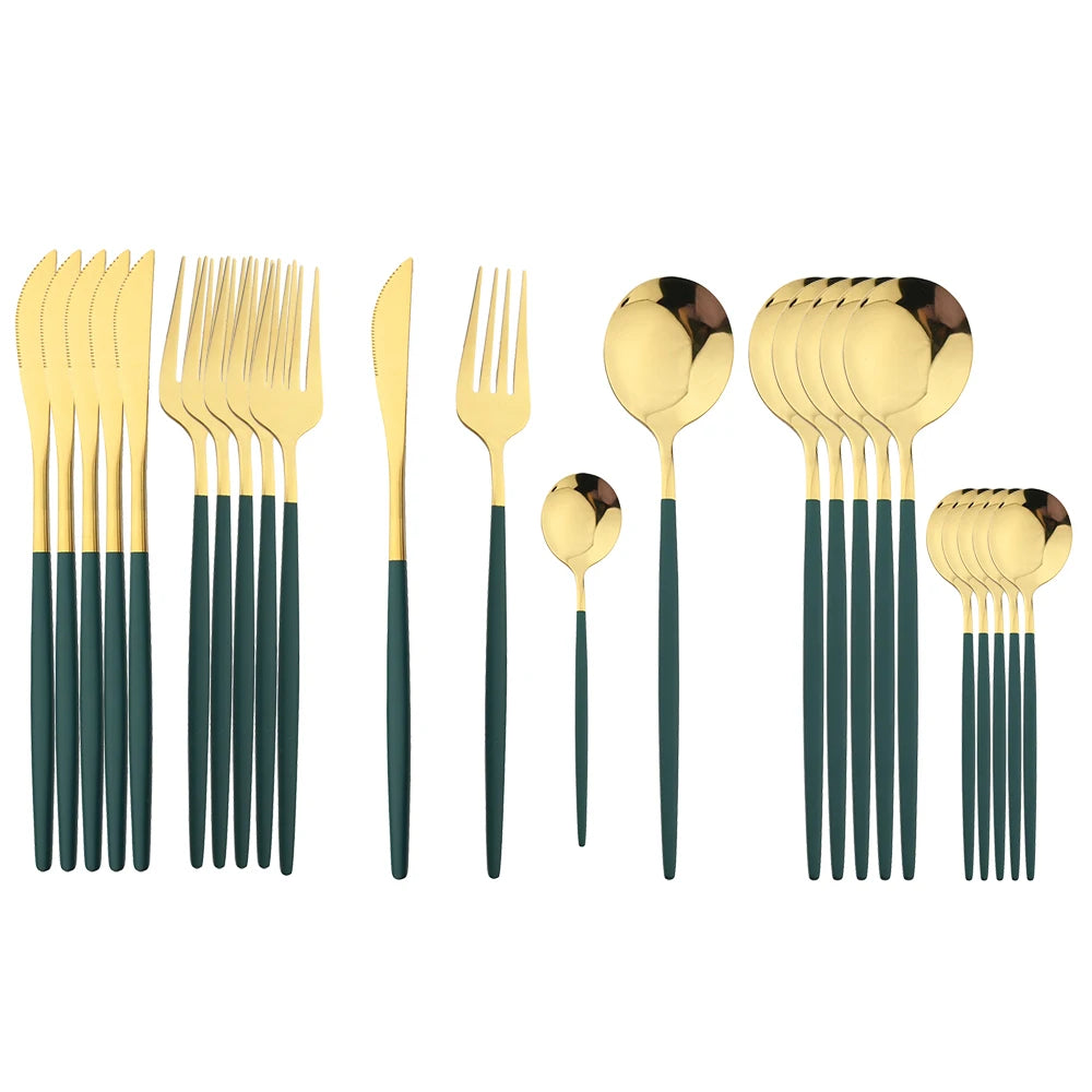 Black Handle Golden Cutlery Set – 24Pcs Stainless Steel Knife, Fork & Spoon Dinnerware