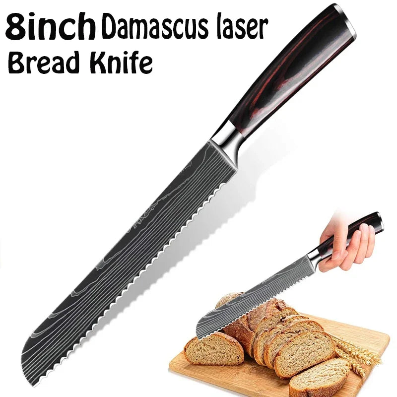 8" Professional Bread Knife Serrated Stainless Steel Blade with Wooden Handle