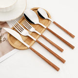 Stainless Steel Cutlery Set with Imitation Wooden Handle – Knife, Fork & Tea Spoon (16/24/30pcs)