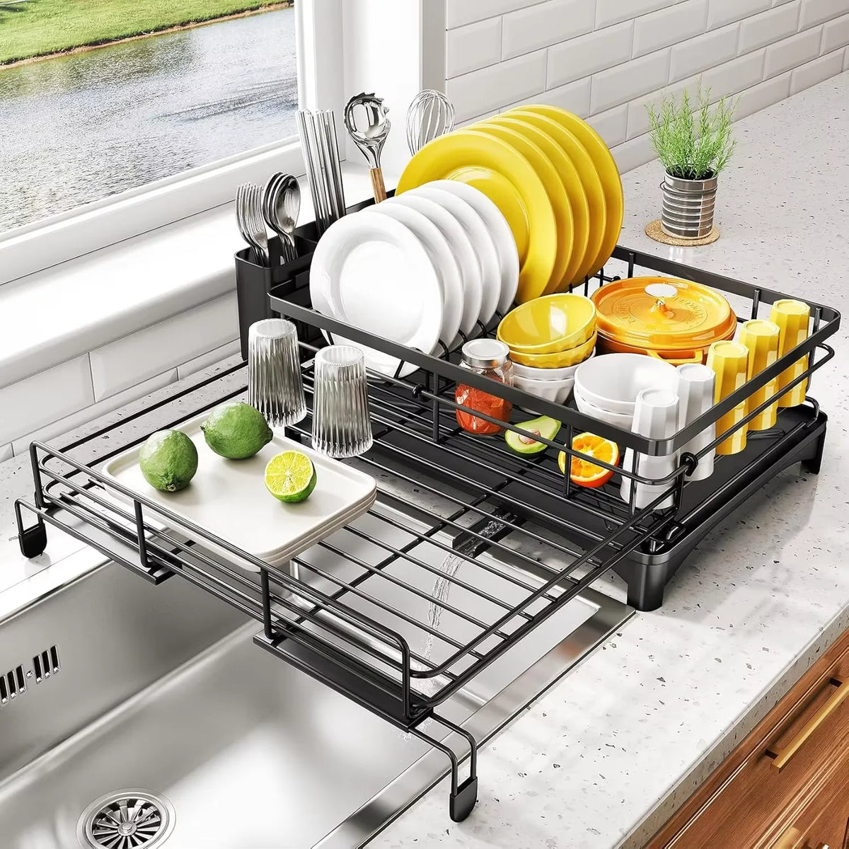 Large Dish Drying Rack – Countertop Dish Drainer with Drainboard & Utensil Holder
