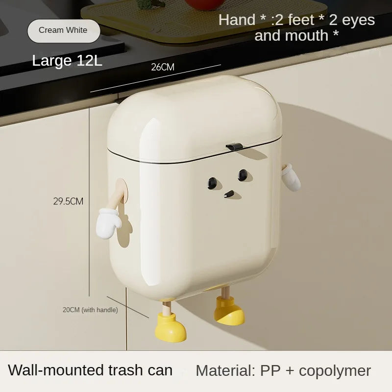 XIAOGUI 9L / 12L Wall-Mounted Kitchen Trash Can – Cream Color, Lid Design, No-Bend Waste Bin