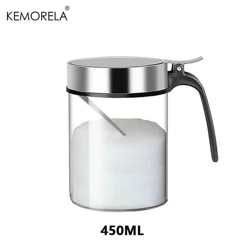 1Pcs Glass Seasoning Jar with Stainless Steel Lid & Spoon – Condiment Bottle for Salt, Spices & Kitchen Storage