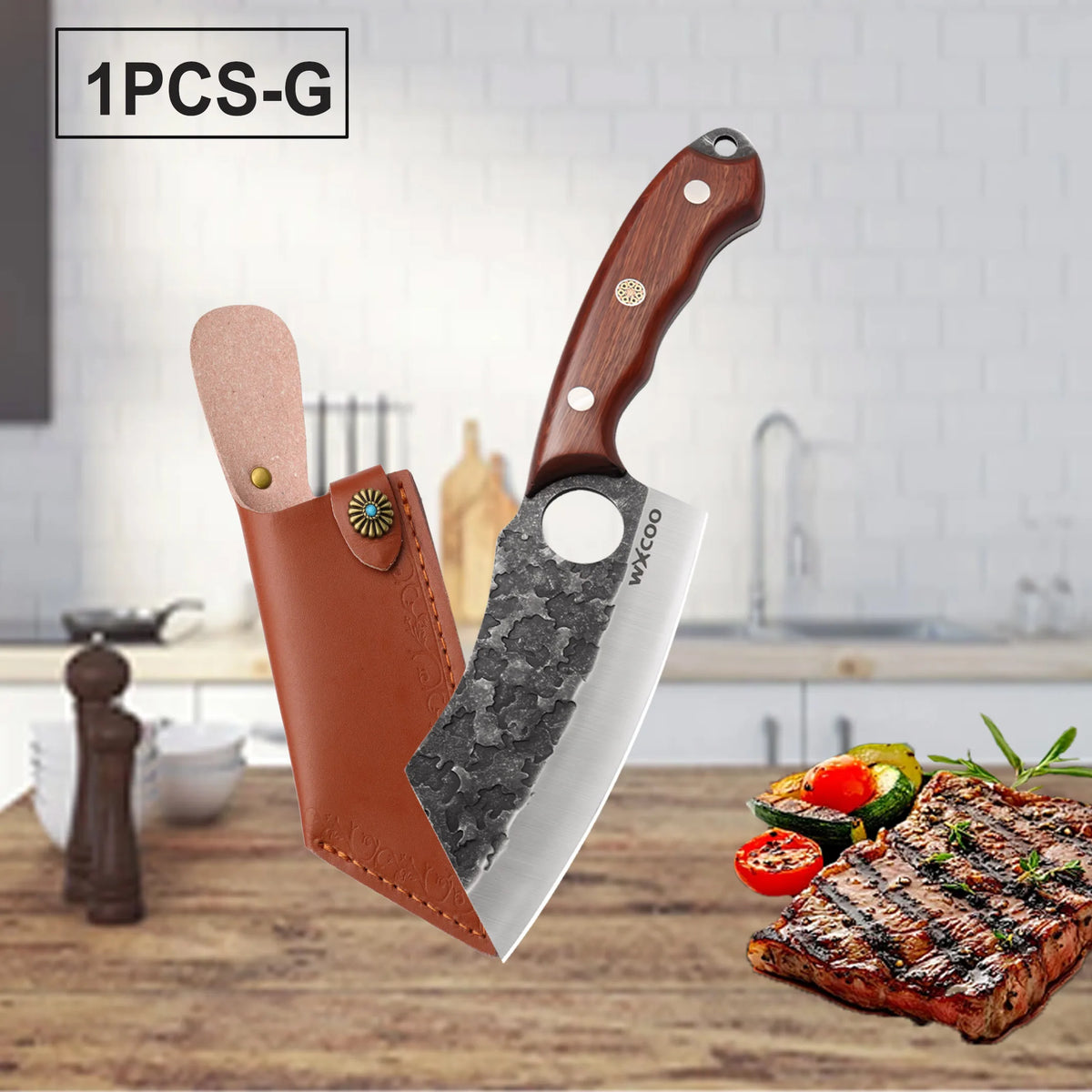 WXCOO Hand-Forged Chef Knife – 5Cr15MoV Stainless Steel BBQ & Kitchen Cleaver with Wooden Handle