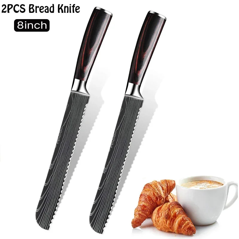 8" Professional Bread Knife Serrated Stainless Steel Blade with Wooden Handle