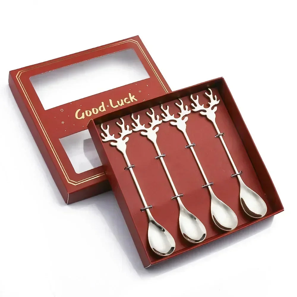 Christmas Elk Head Stainless Steel Coffee Spoon – Festive Table Decoration & Gift