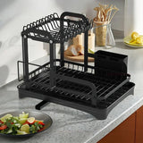 2-Tier Dish Drying Rack – Black Countertop Drainer with Auto-Drain Board