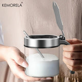 1Pcs Glass Seasoning Jar with Stainless Steel Lid & Spoon – Condiment Bottle for Salt, Spices & Kitchen Storage