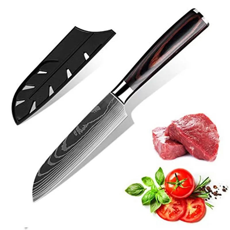 3PCS Professional Kitchen Knife Set Laser Damascus Santoku, Utility & Meat Cleaver