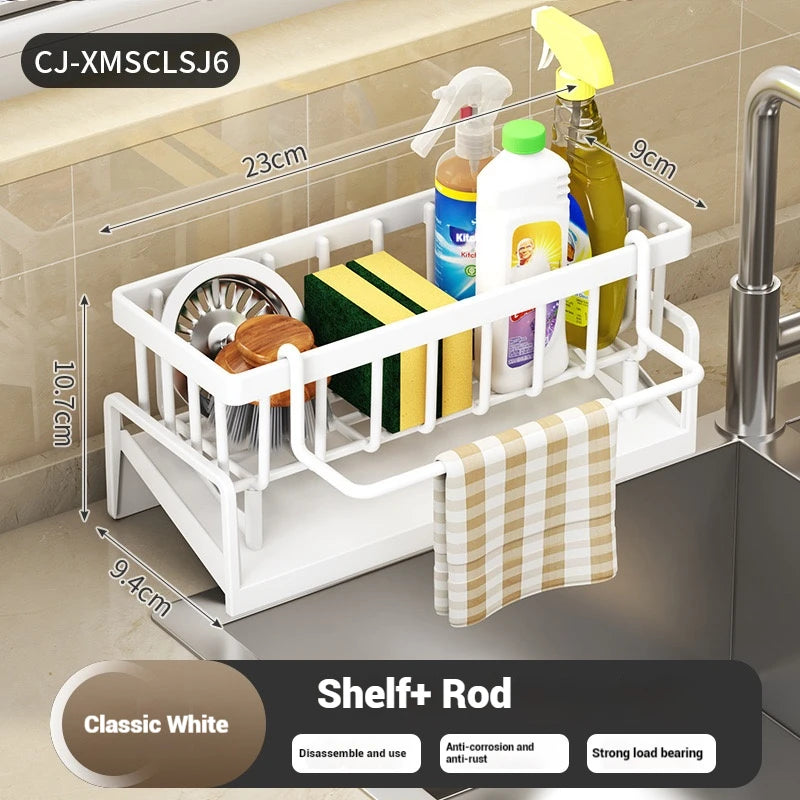 Kitchen Sponge Holder & Sink Drain Rack – Stainless Steel Soap & Towel Organizer