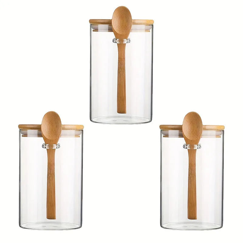 Glass Airtight Storage Canister – Hanging Spoon Lid for Coffee & Tea (1200ml, Round Design)