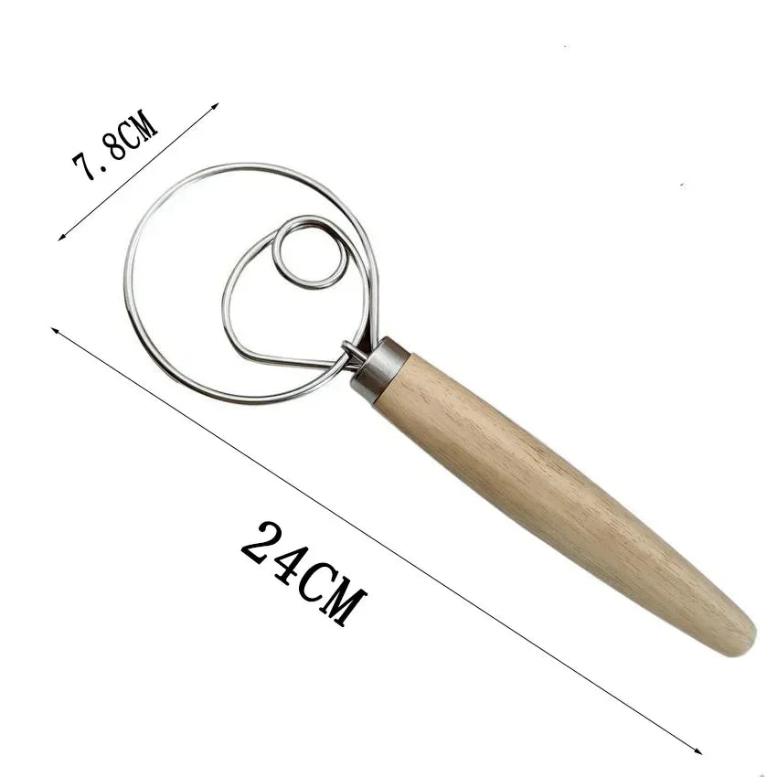Danish Dough Whisk – Stainless Steel Bread Dough Mixer with Wooden Handle