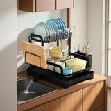 2-Tier Dish Drying Rack – Black Countertop Drainer with Auto-Drain Board