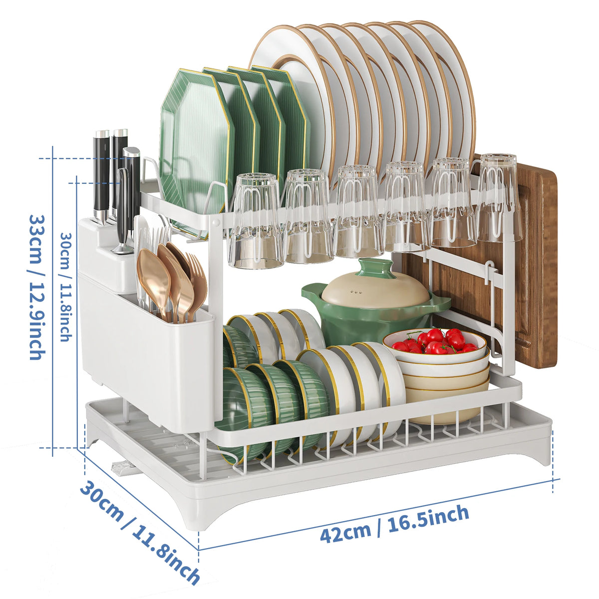 2-Tier Dish Drying Rack – Countertop Storage Rack with Drain Tray, Spout & Cutlery Holder