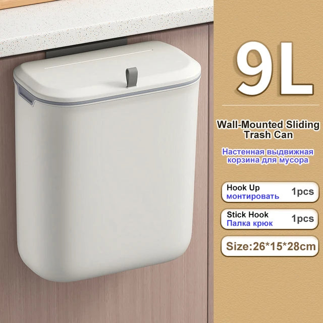Bathroom Wall Mounted Trash Can with Lid – Waterproof Narrow Hanging Rubbish Bin 7L / 9L