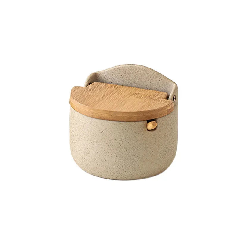 Japanese Style Ceramic Seasoning Jar with Bamboo Lid & Spoon